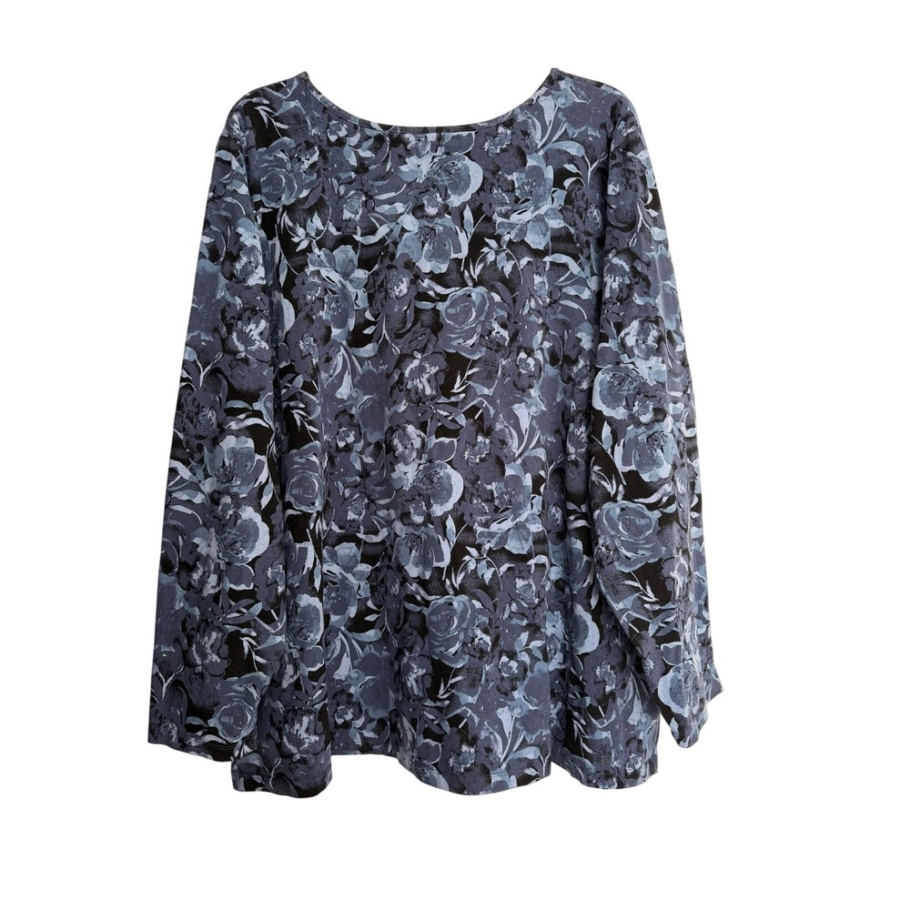 Denim & Co. Blue Floral Rose Print Long Sleeve Top 3X A282205 Cotton Spandex - Picture 3 of 10